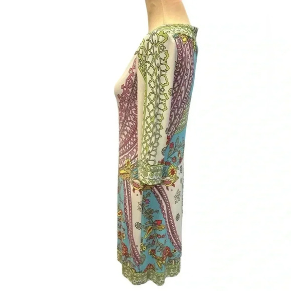 Donna Morgan Dress Abstract Floral Print Pastel Colors Boat Neck Stretch Size 4 - Picture 4 of 8